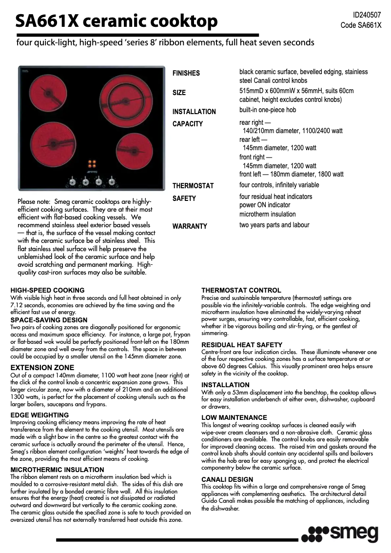 Page 1 de la notice Fiche technique Smeg SA661X2