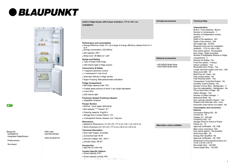 Page 1 de la notice Fiche technique Blaupunkt 5CR286FF0
