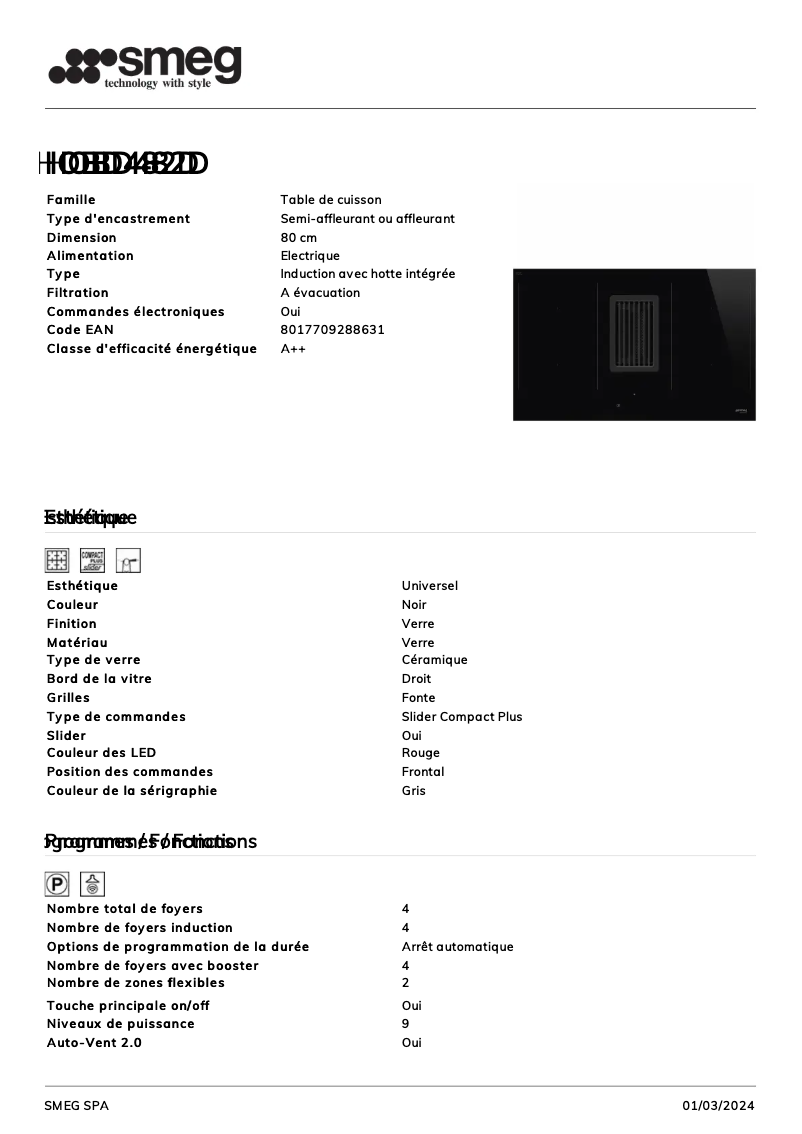 Page 1 de la notice Fiche technique Smeg HOBD482D