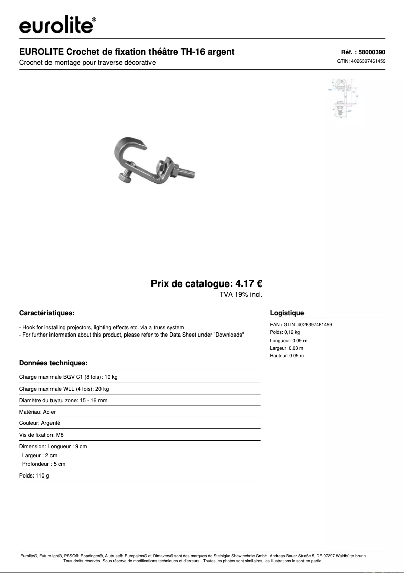 Page 1 de la notice Fiche technique Eurolite TH-16