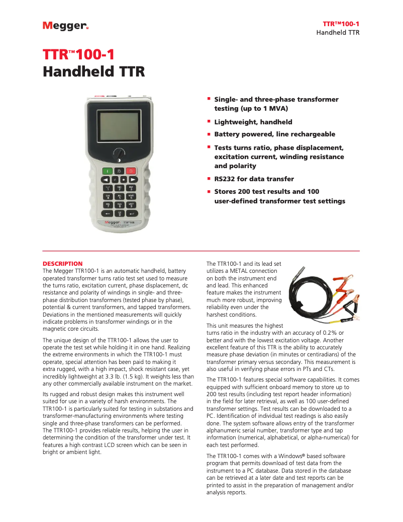 Page 1 de la notice Fiche technique Megger TTR100