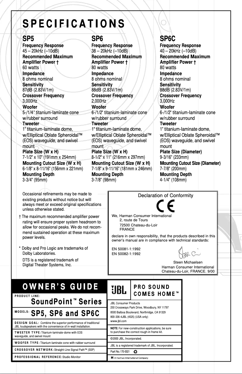 Page 1 de la notice Manuel utilisateur JBL SoundPoint SP5