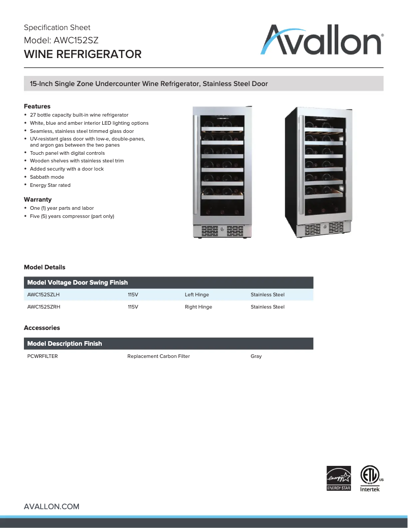 Page 1 de la notice Fiche technique Avallon AWC152SZLH