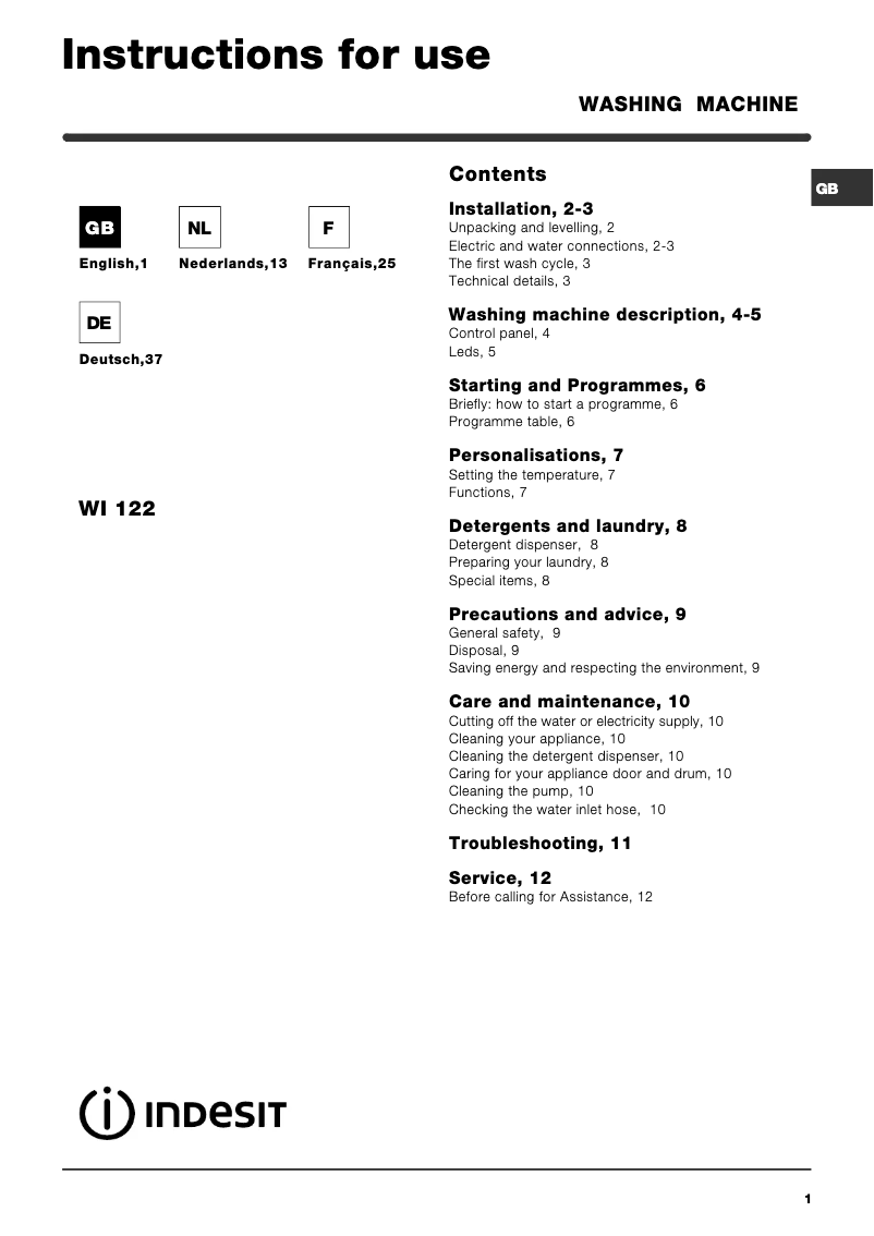 Page 1 de la notice Manuel utilisateur Indesit WI 122
