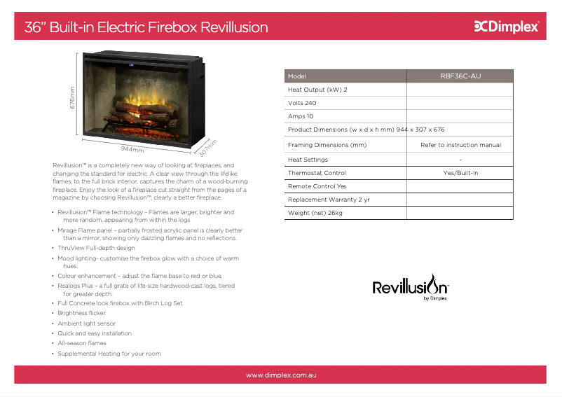 Page 1 de la notice Fiche technique Dimplex Revillusion RBF36C-AU