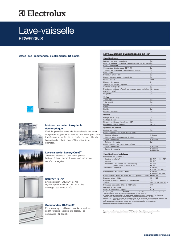 Page 1 de la notice Fiche technique Electrolux EIDW5905JW
