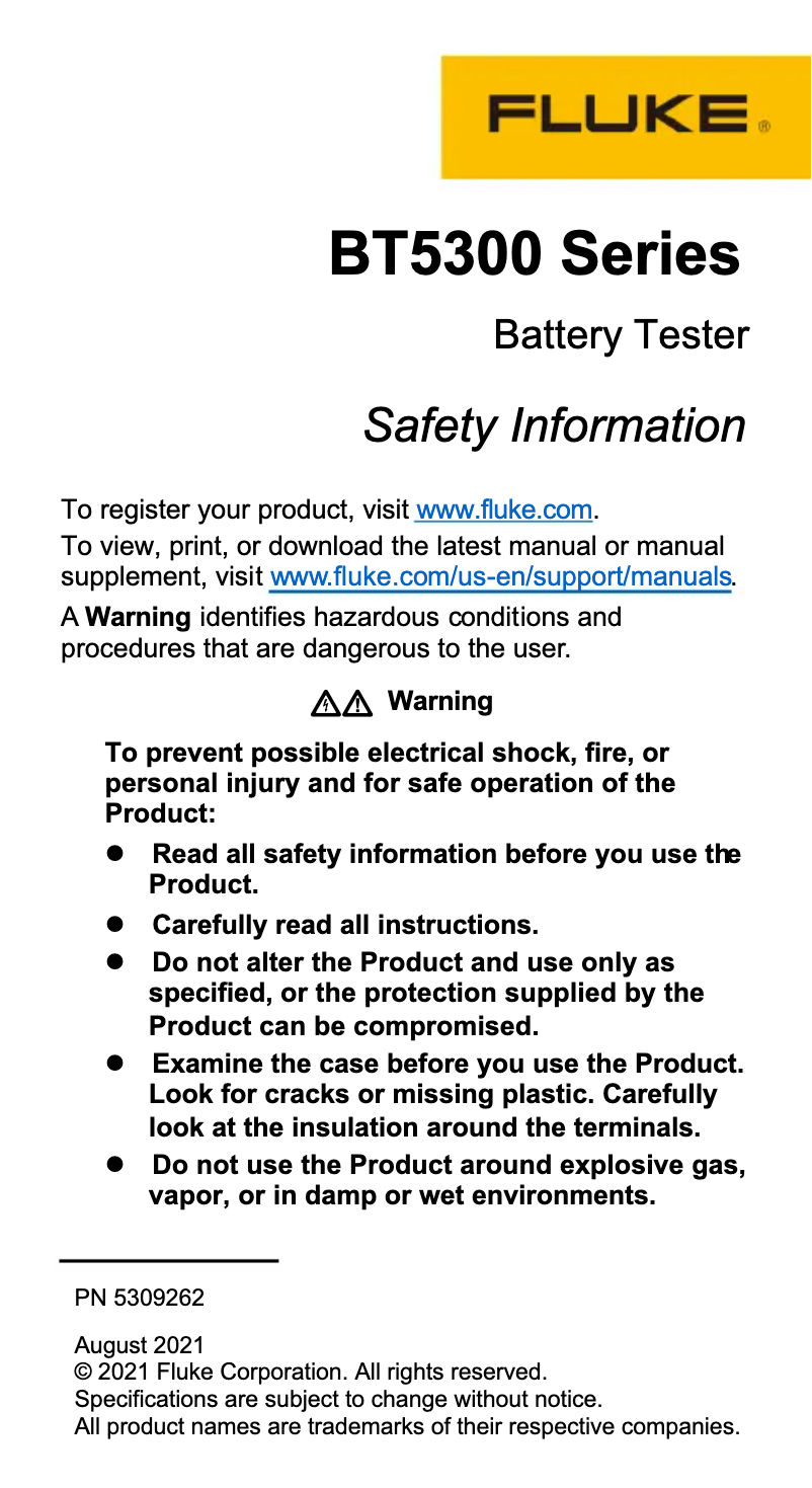 Page 1 de la notice Instructions de sécurité Fluke BT5300