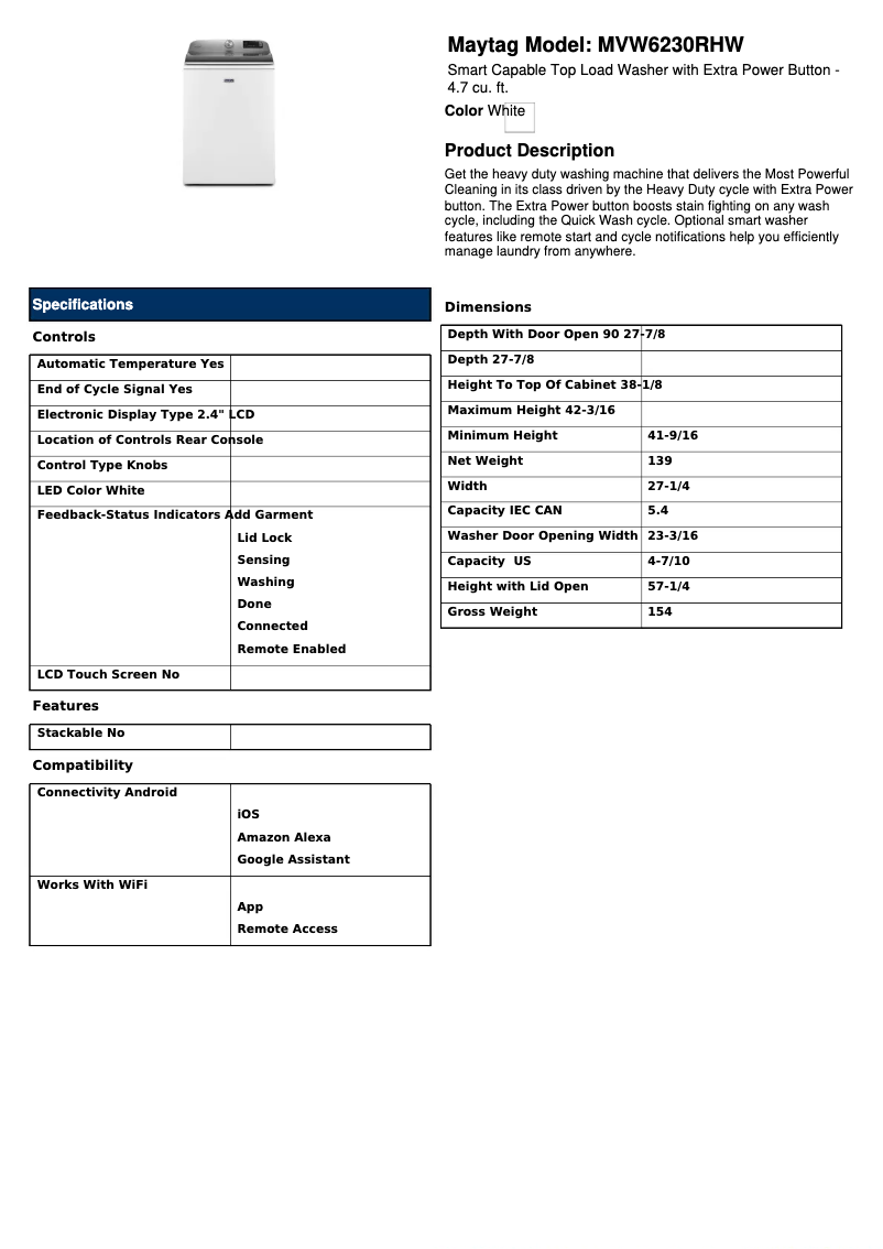Page 1 de la notice Fiche technique Maytag MVW6230RHW