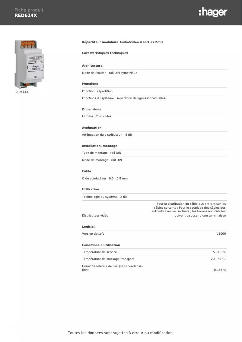 Page 1 de la notice Fiche technique Hager RED614X