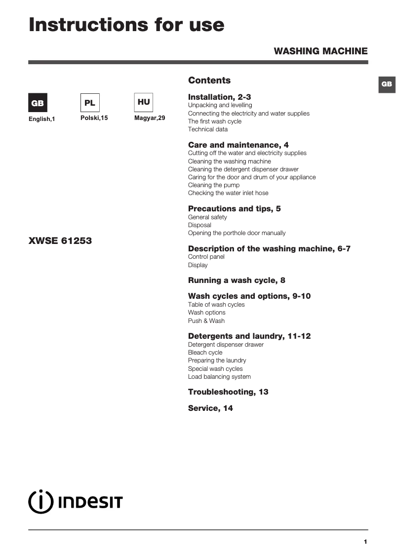 Page n°1 - Manuel utilisateur Indesit XWSE 61253 W EU