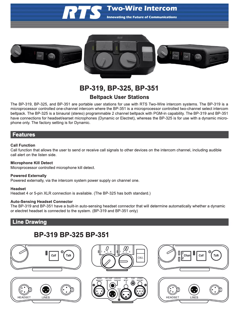 Page 1 de la notice Fiche technique RTS BP-325