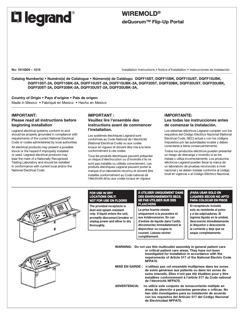 Page 1 de la notice Manuel utilisateur Legrand DQFF15ST