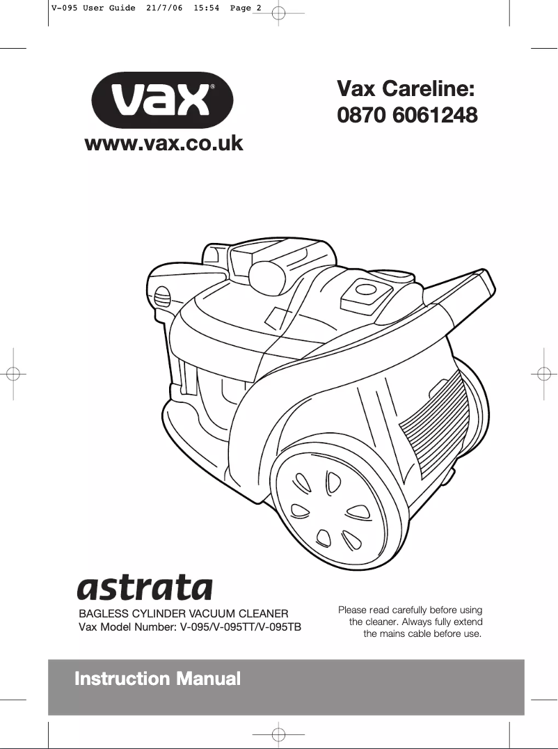 Page 1 de la notice Manuel utilisateur Vax Astrata V 095