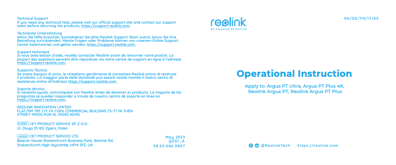 Page n°1 - Manuel utilisateur Reolink Argus PT Ultra