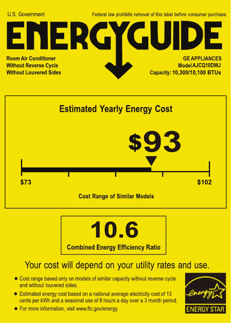 Page 1 de la notice Label énergétique GE AJCQ10DWJ