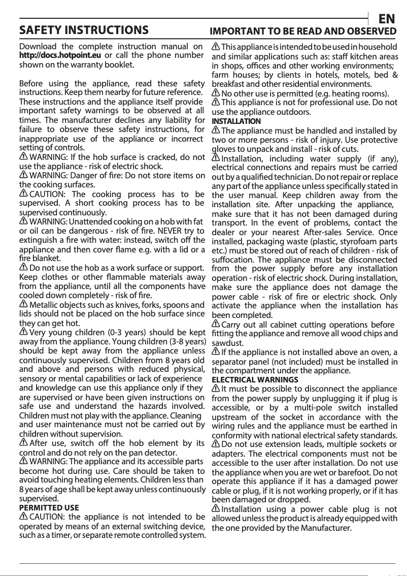 Page 1 de la notice Manuel utilisateur Hotpoint HB 3160C NE