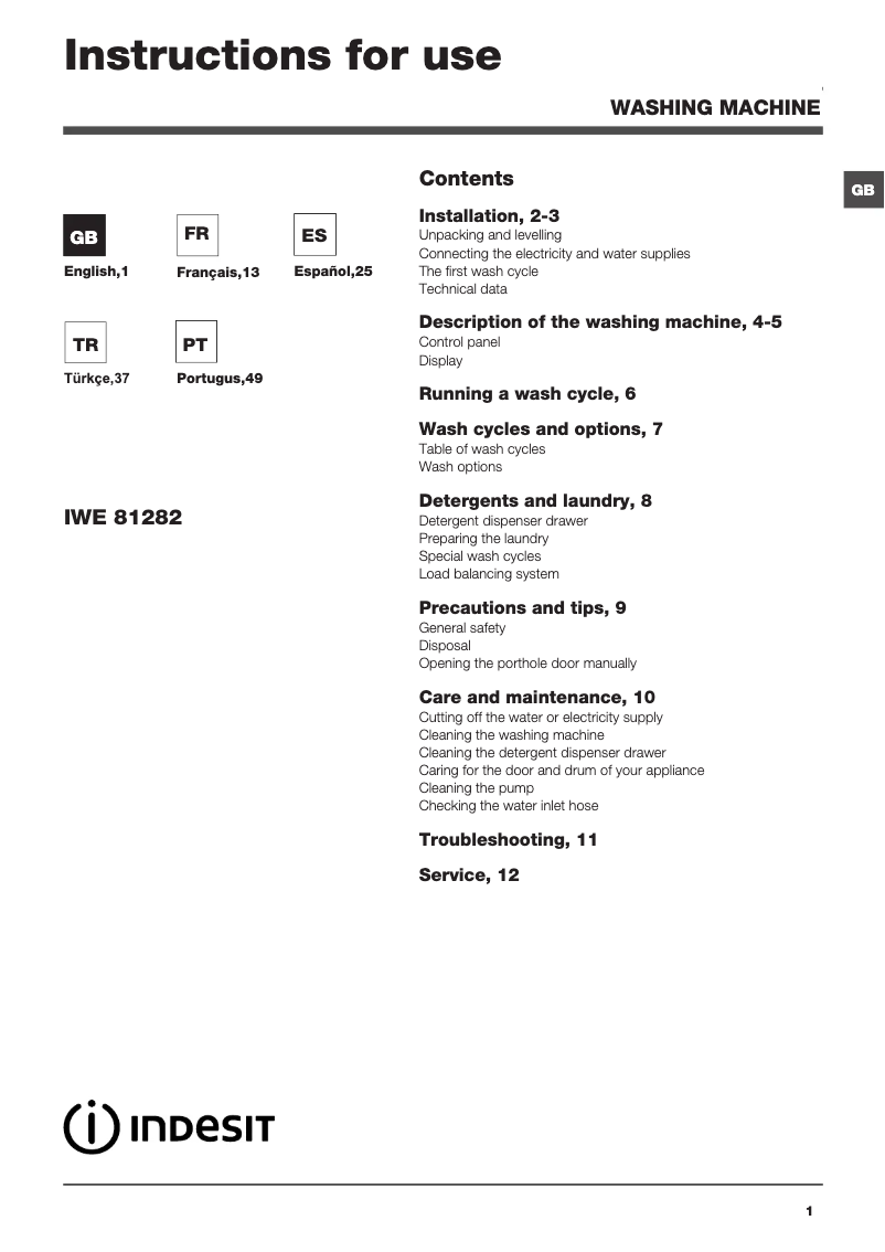 Page 1 de la notice Manuel utilisateur Indesit IWE 81282 B C ECO EU