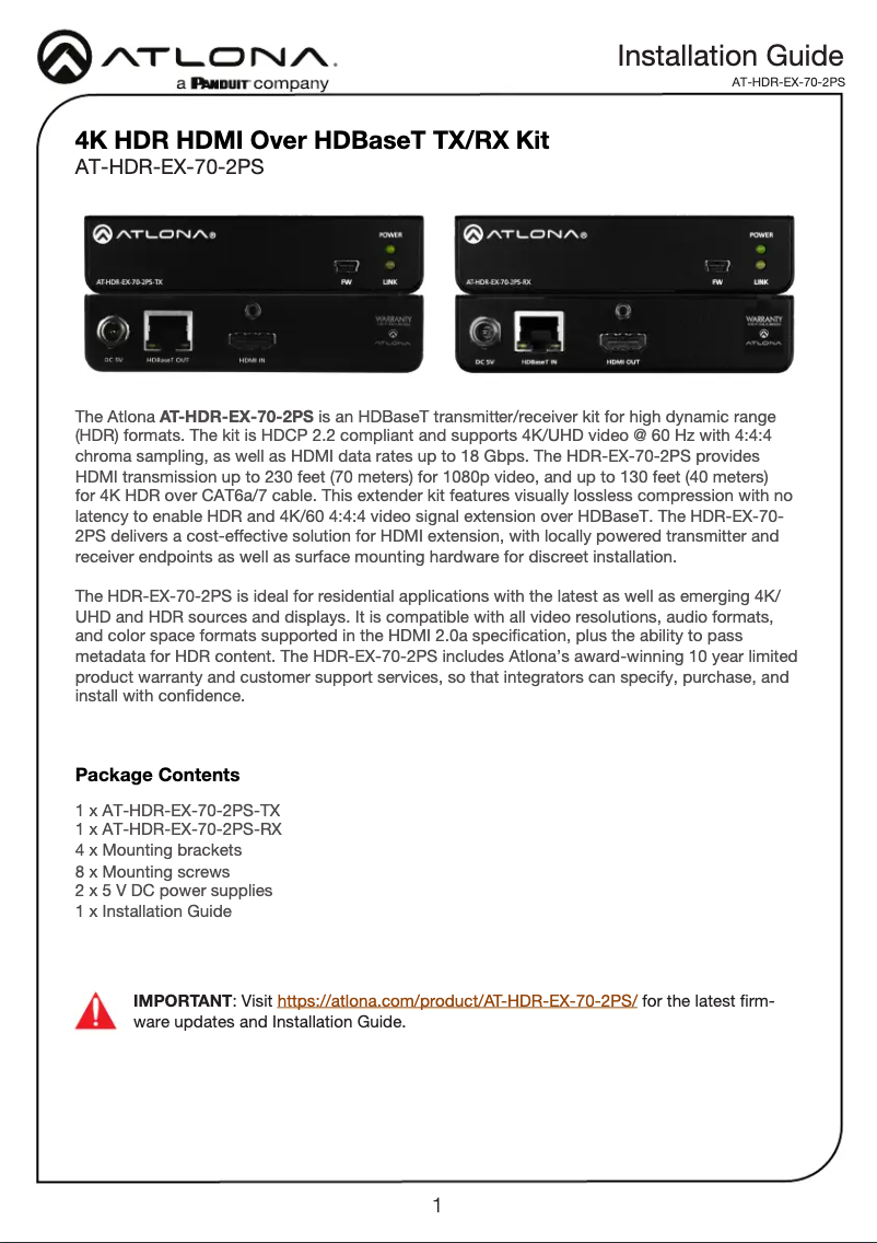 Page n°1 - Guide d'installation Atlona AT-HDR-EX-70-2PS