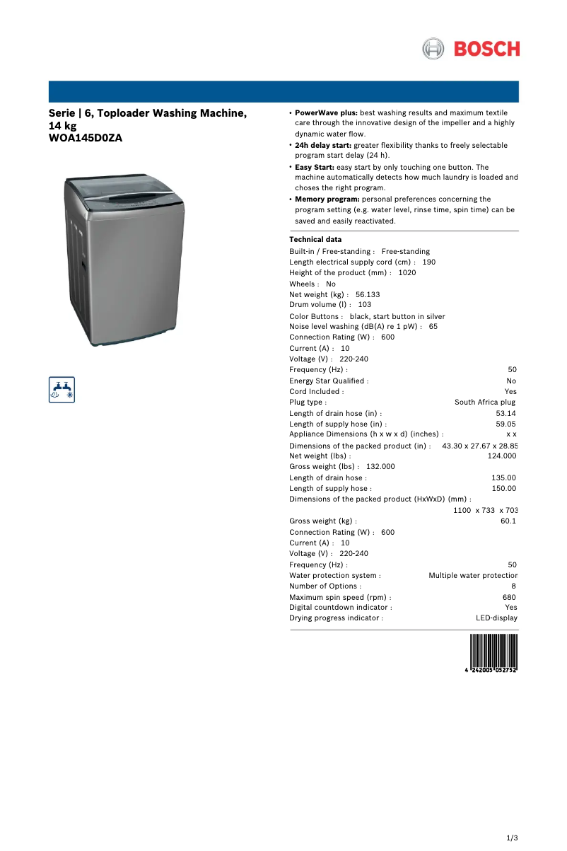 Page 1 of the manual Technical Sheet Bosch WOA145D0ZA