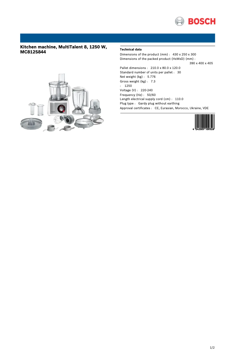 Page 1 de la notice Fiche technique Bosch MC812S844