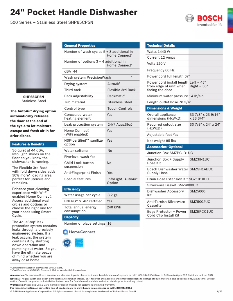 Page n°1 - Fiche technique Bosch SHP65CP5N