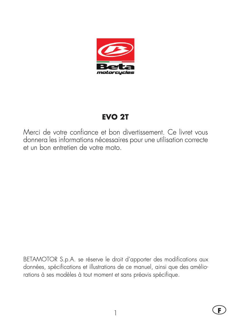 Page 1 de la notice Manuel utilisateur Beta EVO 2T 300 SS (2017)