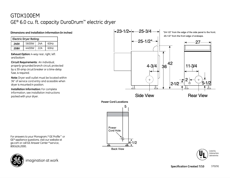 Página 1 del manual Ficha técnica GE GTDX100EMWW