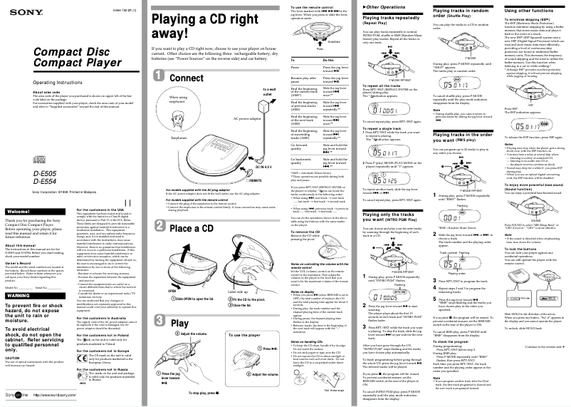 Page 1 de la notice Manuel utilisateur Sony D-E505