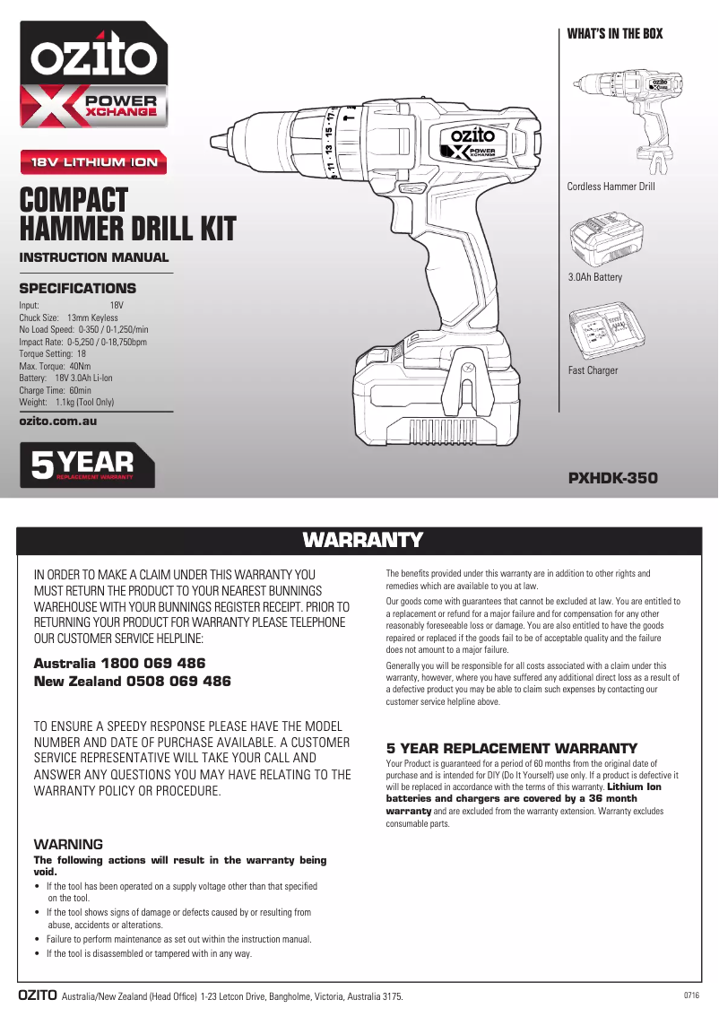 Page 1 de la notice Manuel utilisateur Ozito PXHDK-350
