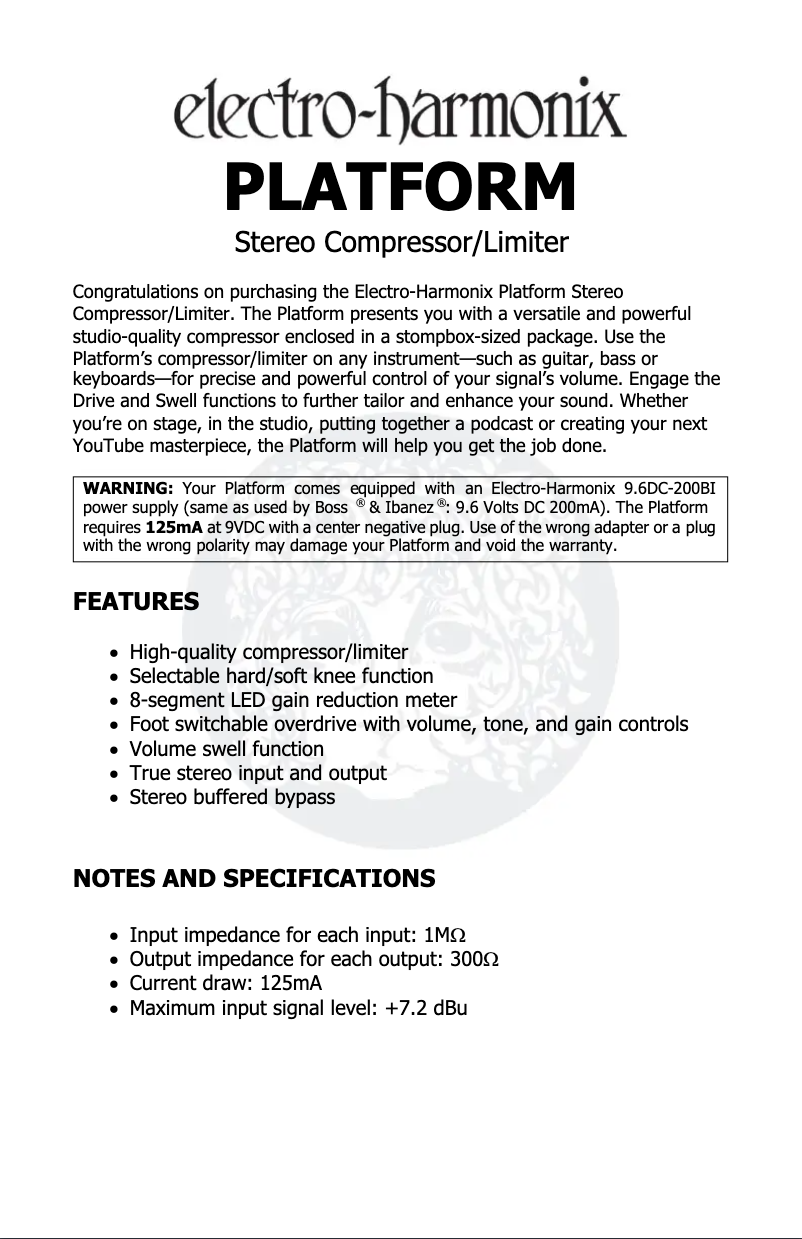 Page 1 de la notice Manuel utilisateur Electro Harmonix Platform