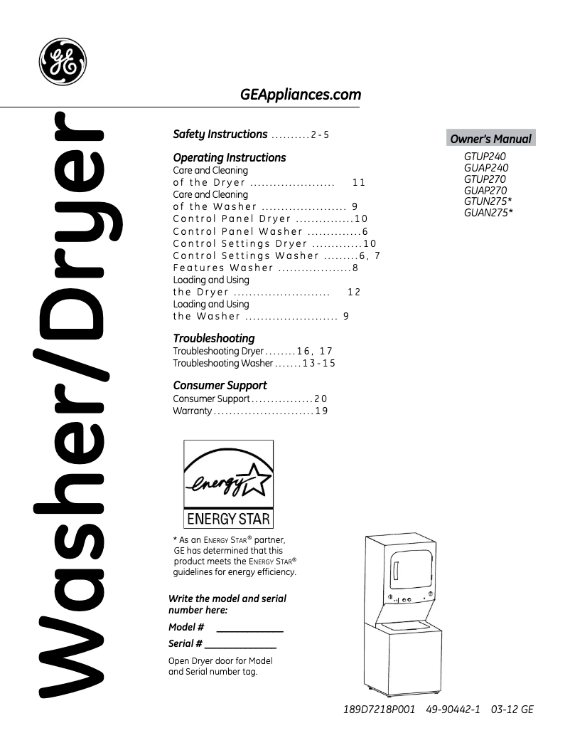 Page n°1 - Mode d'emploi GE Unitized Spacemaker GTUN275EMWW