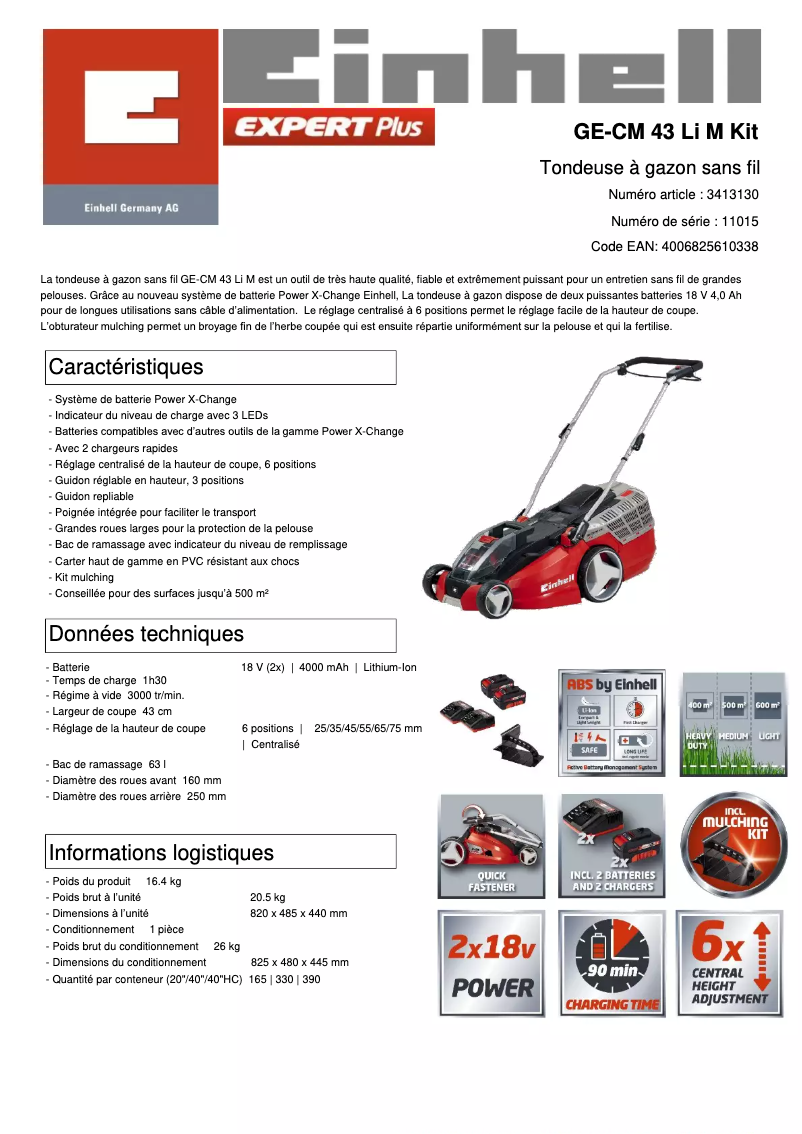 Page n°1 - Fiche technique Einhell GE-CM 43 Li M Kit