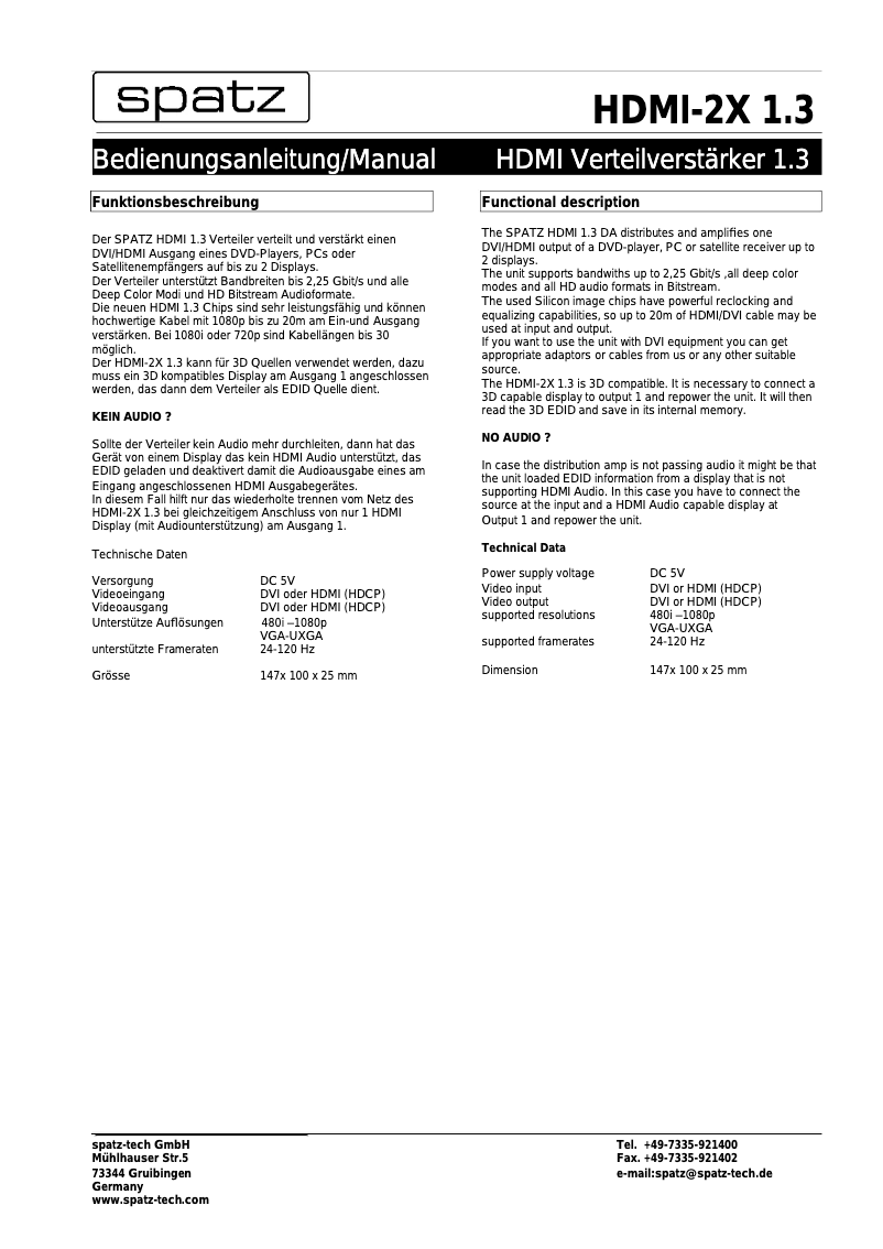 Page 1 de la notice Manuel utilisateur Spatz HDMI-2X1.3