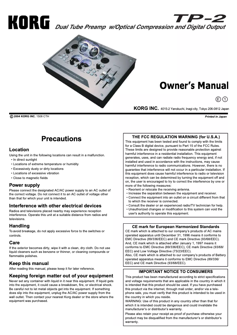 Page n°1 - Manuel utilisateur Korg TP-2