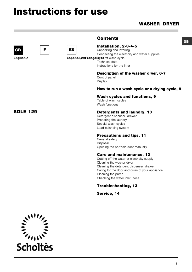 Page n°1 - Manuel utilisateur Scholtès SDLE 129 EU Full