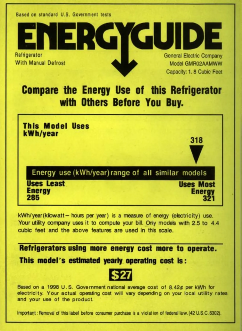 Page 1 de la notice Label énergétique GE GMR02AAMWW