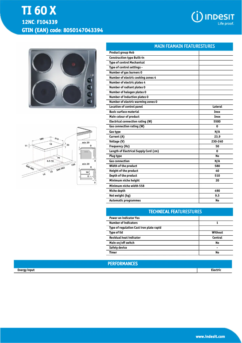Page n°1 - Fiche technique Indesit TI 60 X