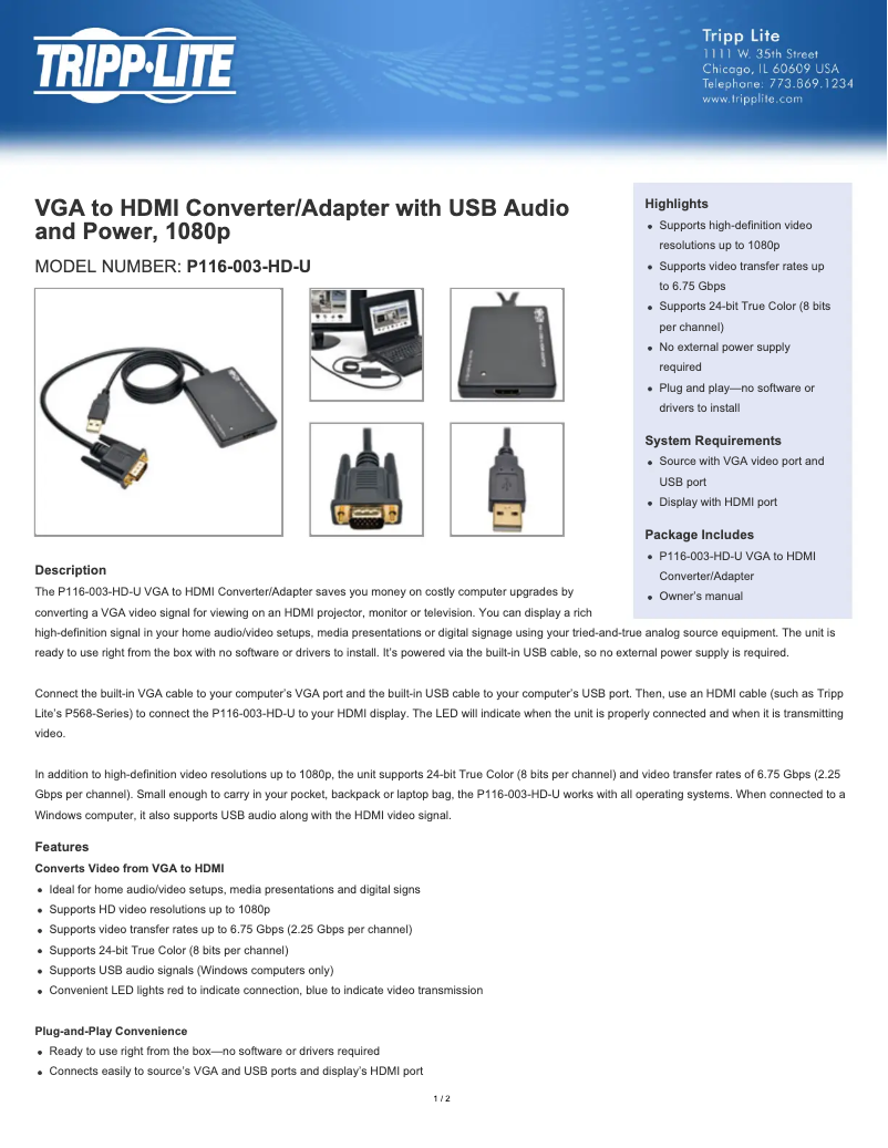Page 1 de la notice Fiche technique Tripp Lite P116-003-HD-U