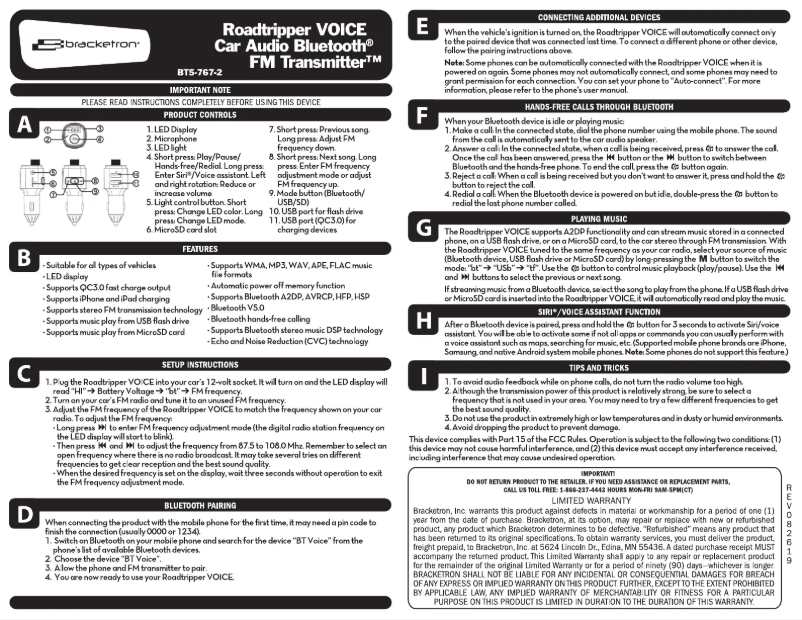 Image de la première page du manuel de l'appareil Roadtripper VOICE BT5-767-2