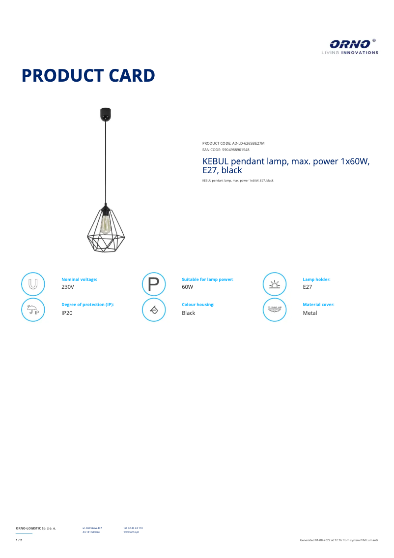 Page 1 de la notice Fiche technique Adviti AD-LD-6265BE27M