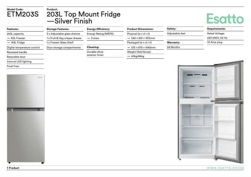 Page 1 de la notice Fiche technique Esatto ETM203S