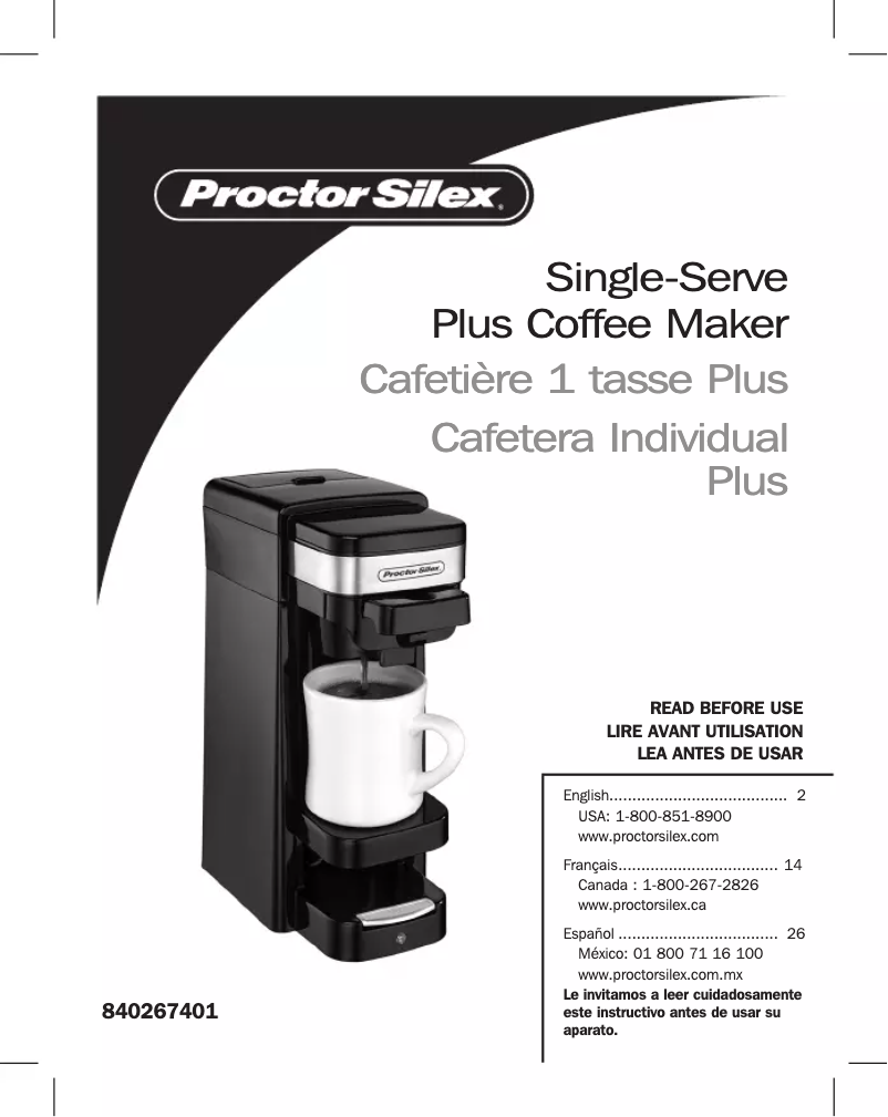 Page 1 de la notice Manuel utilisateur Proctor Silex Single Serve Plus 49969