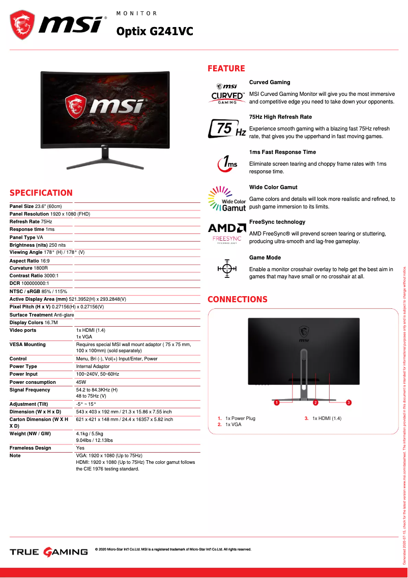 Página 1 del manual Ficha técnica MSI Optix G241VC