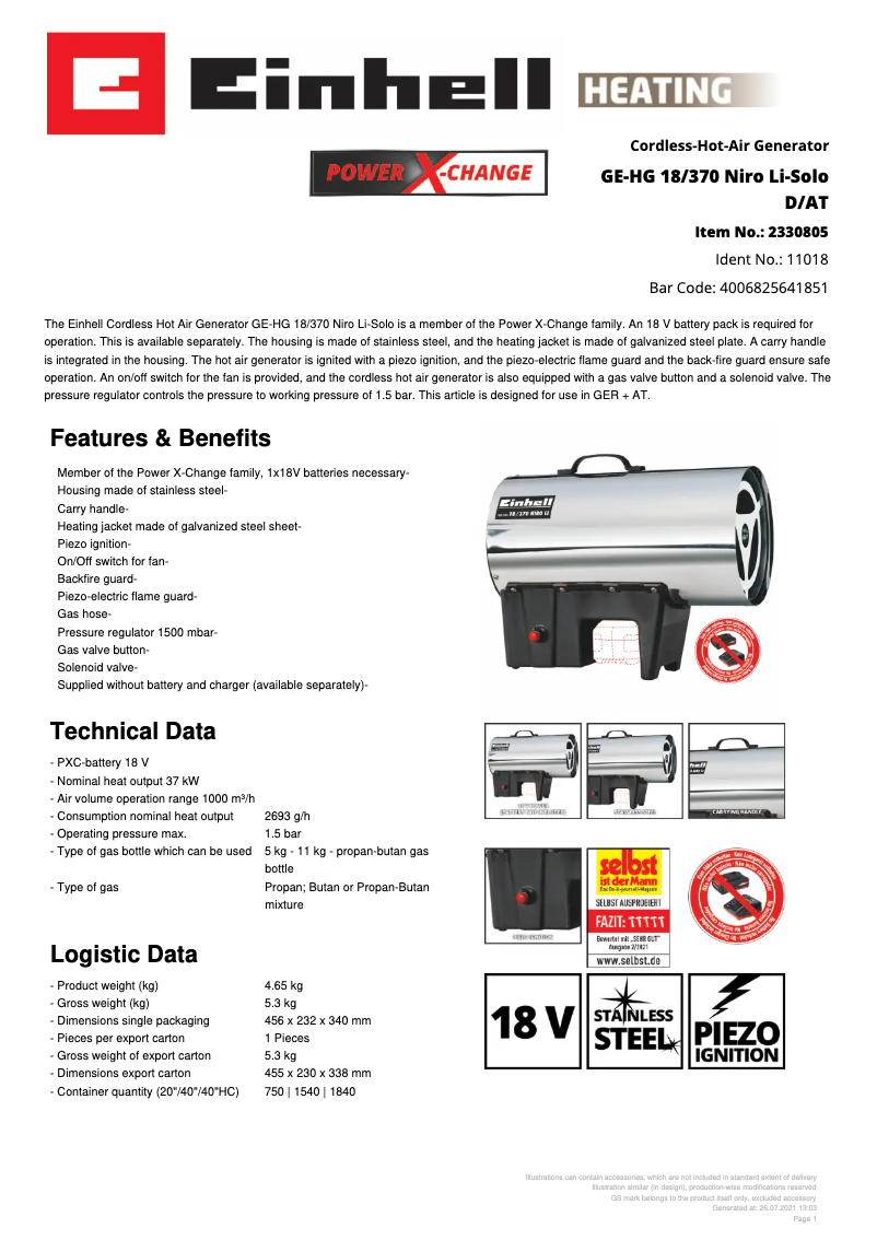Page n°1 - Fiche technique Einhell GE-HG 18/370 Niro Li-Solo