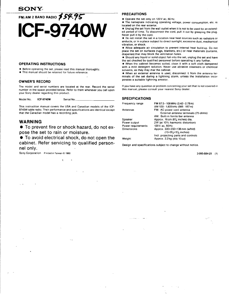 Page 1 de la notice Manuel utilisateur Sony ICF-9740W