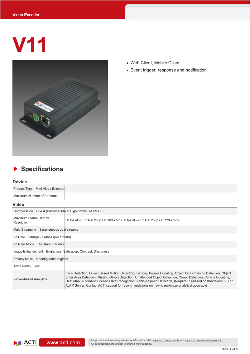 Page 1 de la notice Fiche technique ACTi V11