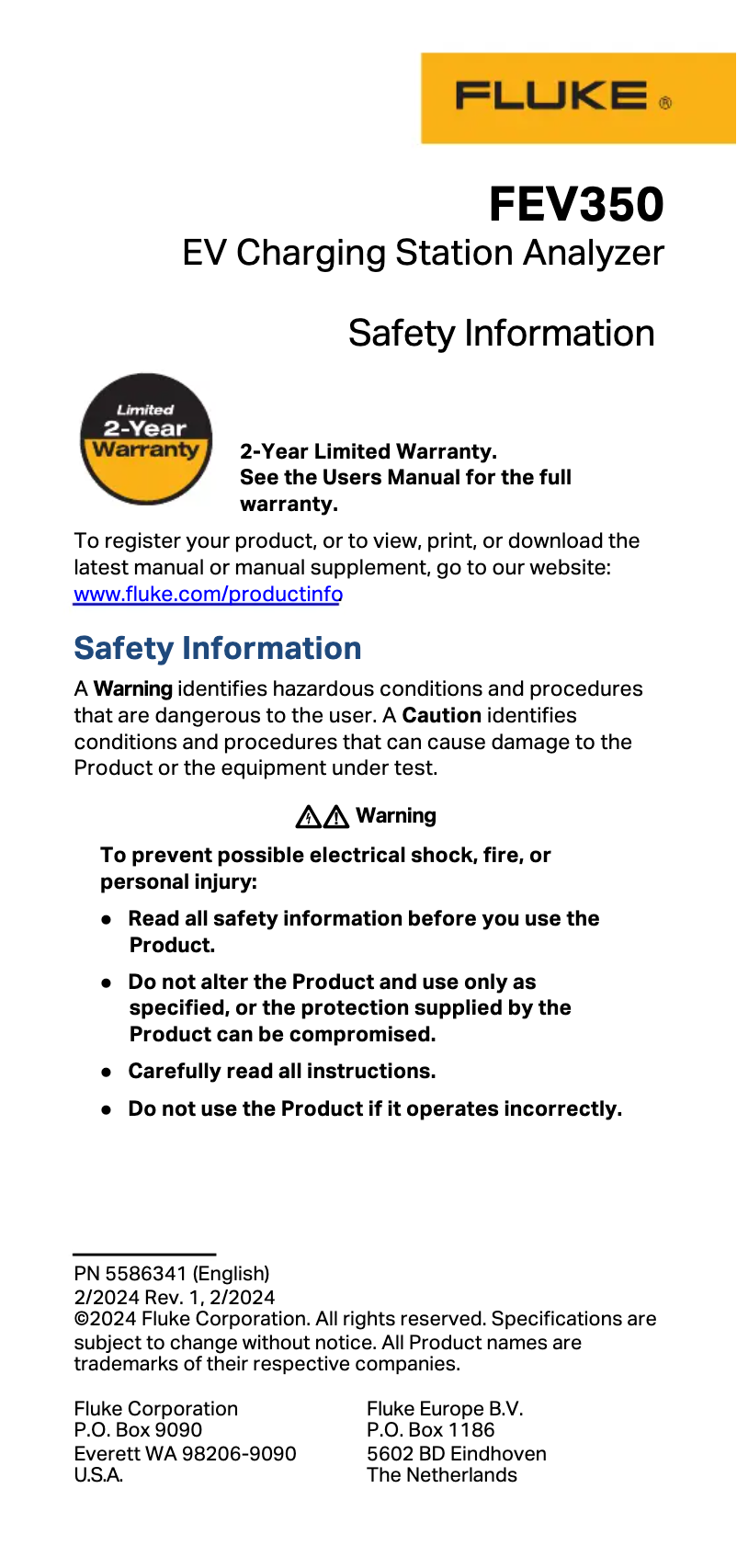 Page 1 de la notice Instructions de sécurité Fluke FEV350