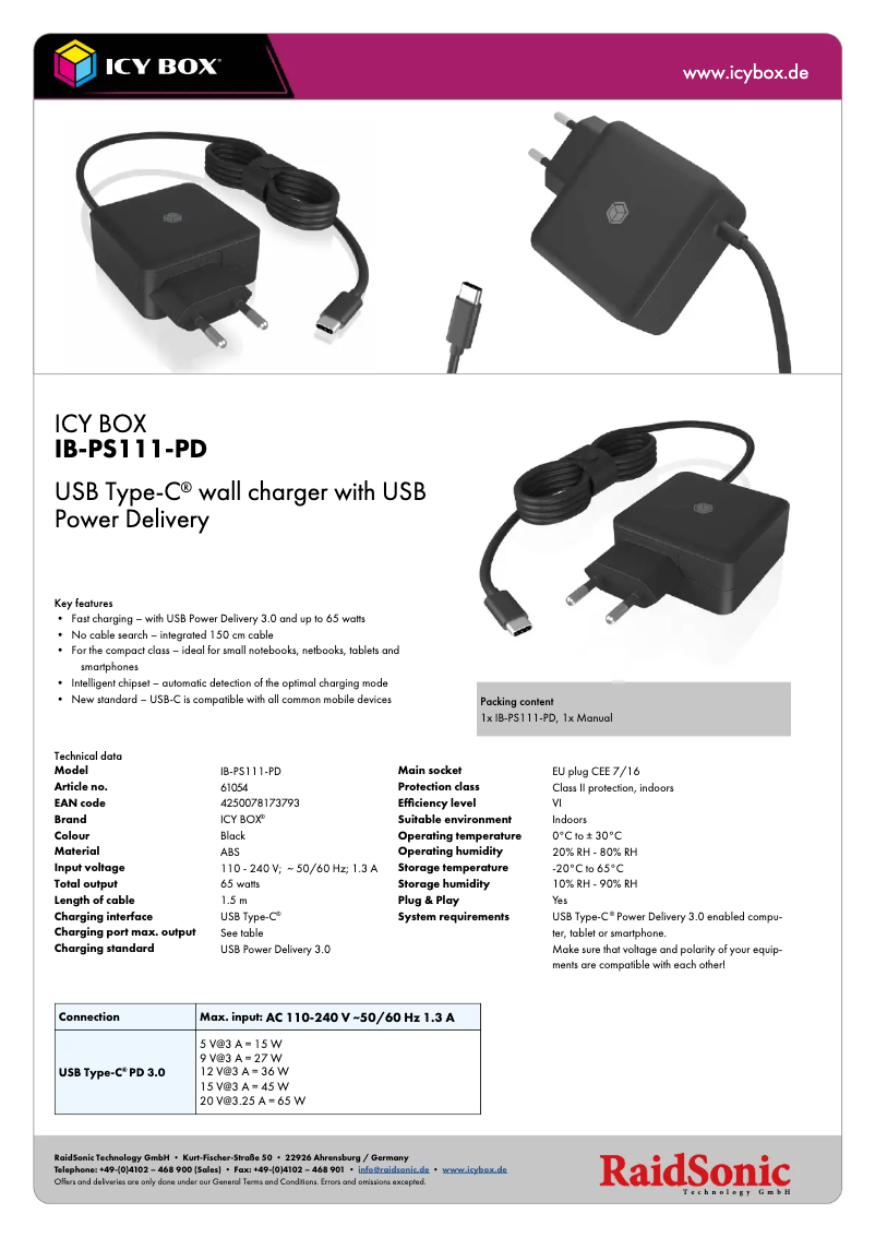 Página 1 del manual Ficha técnica Icy Box IB-PS111-PD