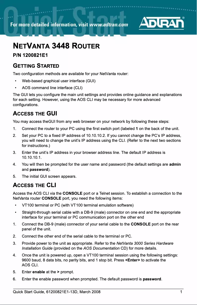 Page 1 de la notice Manuel utilisateur Adtran NetVanta 3448