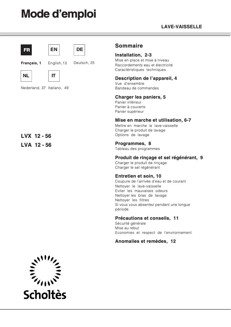 Page n°1 - Manuel utilisateur Scholtès LVX 12-56